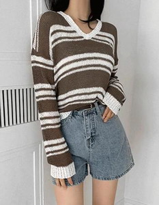 Mini Pendant 14 V-Neck Striped Single-breasted Buckle Knitwear 