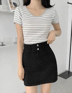 Ribbed Striped 6 Crop Short Sleeve Knitwear 