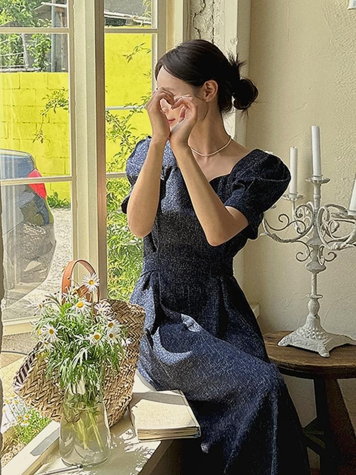 Maroan Tweed Pintuck Square Neck A-Line Long Dress