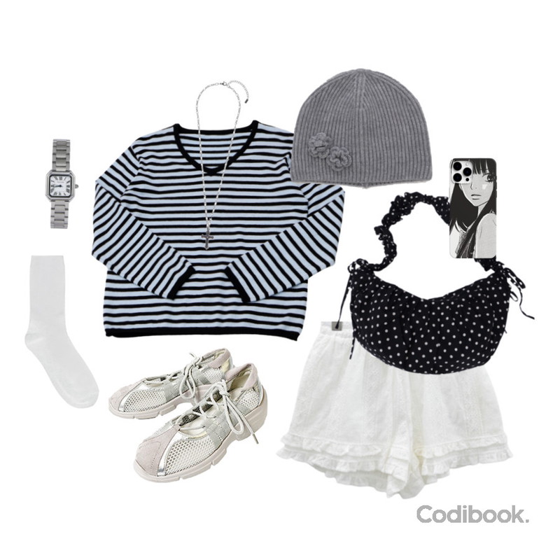 porterna 베이즈 골지 삭스,porterna 로이카 크로스 네크리스,owler market 사와코 일본 흑백 애니 하드 아이폰케이스등을 매치한 코디