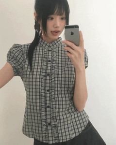 Chili Check Frill Puff Short Sleeve Blouse