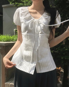 クロンパフリボンピンタック半袖ブラウス