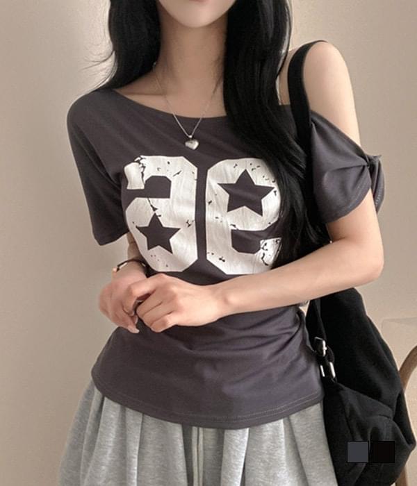 不對稱扭結露肩短袖T恤