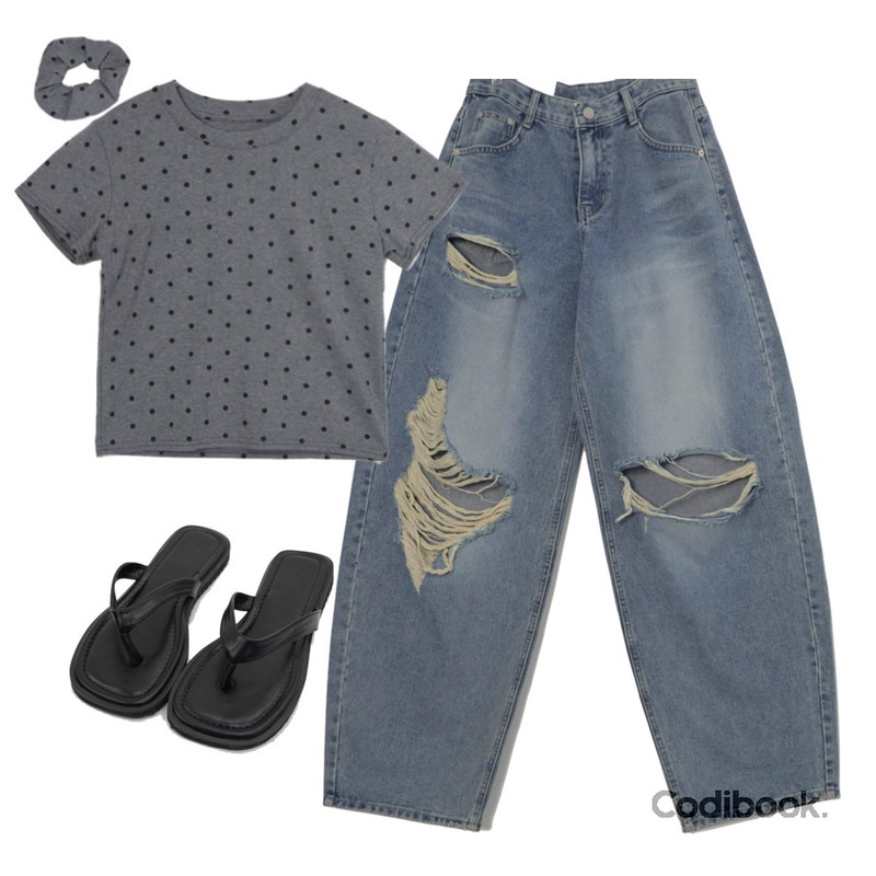 EEZEE Semi Crop Dot Short Sleeve T-Shirt TS033,EEZEE Vintage Distressed Balloon Denim DE017,DAILYJOU 쥬스 스퀘어 베이직 쪼리등을 매치한 코디