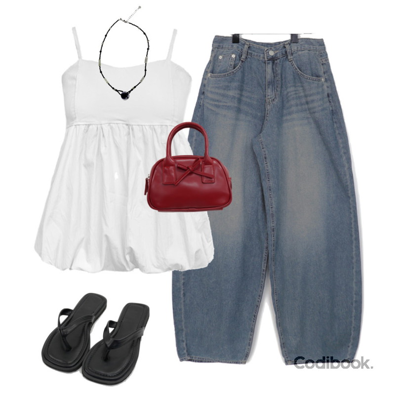 wonderwonder 위포 빈티지 도넛 원석 목걸이,DAILYJOU 프린드 애나멜 리본 크로스 도트백,Cozy&Kitsch 클로이 벌룬 나시 블라우스등을 매치한 코디