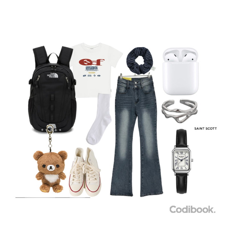 From Beginning 하이탑 컨버스스니커즈 (9color),AWAB 레인보우골지양말 -10color,moodinslow stripe cotton hair scrunchie등을 매치한 코디